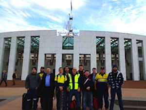 Power to the ports: AMWU shipbuilding delegates and officials outside Parliament House.