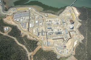 An aerial view of Santos GLNG's LNG plant at Curtis Island, Gladstone Image credit: flickr User: santosglng 