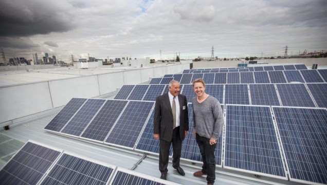 Mr. Antonious met with Councillor Arron Wood who himself lives in Kensington and has solar on his own home. The two community leaders hit it off immediately and Mr. Antonious took Cr. Wood up to the roof for a closer look at the 20 kilo watt installation. Image credit: www.sustainablemelbournefund.com.au