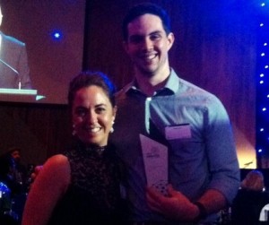 Danielle Neal, Lead Judge congratulates Elliott Smith as he collects his Hills Young Innovator of the Year Award at the iAwards Gala Dinner on Friday 29 August. Image credit: www.hills.iawards.com.au