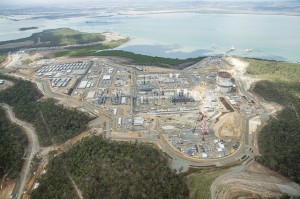 An aerial view of Santos GLNG’s liquefied natural gas (LNG) plant on Curtis Island off Gladstone where construction continues to progress Image credit: flickr user: Santos GLNG