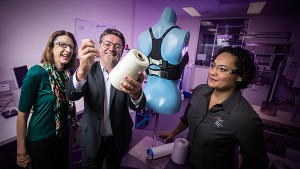 From left: Professor Julie Steele, Professor Gordon Wallace and Dr Sheridan Gho with the 'smart yarn' used to create the Bionic Bra. Image credit: UOW