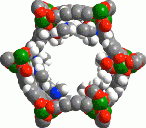 "Animation showing effect of carbon dioxide binding to diamines in a metal-organic framework. The view is a cross section through one of the pores of a metal-organic framework, showing diamine molecules (containing blue nitrogen atoms) attached to metal (manganese) atoms (green). Carbon dioxide molecules (grey carbon atoms with two red oxygen atoms) bind through a cooperative mechanism akin to a chain reaction along the pore surfaces. Some H atoms (white) are omitted for clarity. (Graphic by Thomas McDonald, Jarad Mason, Jeffrey Long/UC Berkeley)" www.newscenter.berkeley.edu 