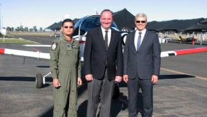 (Left-Right): Major Aaron Ang, Acting Commanding Officer RSAF AGC, The Hon Barnaby Joyce and Steve Drury, BAE Systems Australia Director Aerospace. Image credit: BAE Systems Australia website