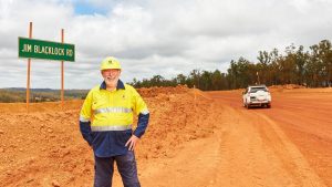 Jim Blacklock from Alcoa’s Huntly mine reflects on the company’s milestone on the road named in his honour. Image credit: Alcoa