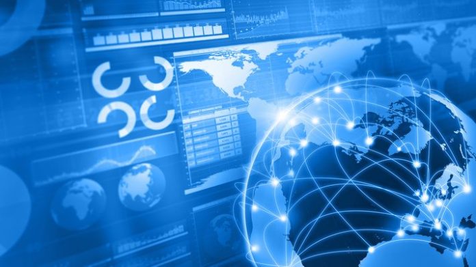 Global business and world connections blue background